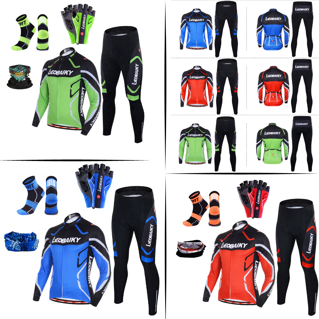 Conjunto ciclismo profissional de alta qualidade mangas compridas - kits completos (Conjunto com Camisa, Calça, luvas, meias e bandana)
